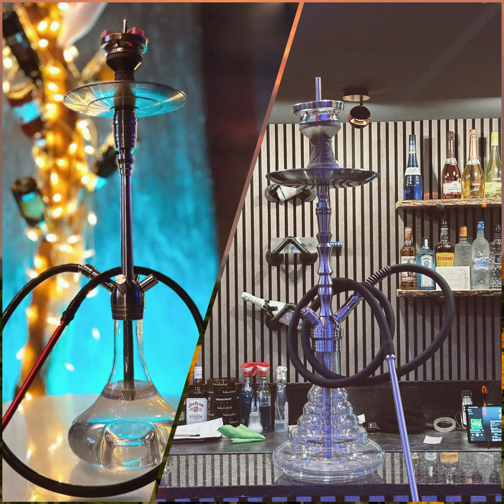Zwei Shishas in modernem Design in einer stilvollen Bar. Hintergrund mit Lichtern und Flaschen.